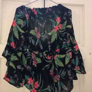 Floral Print Black Blouse